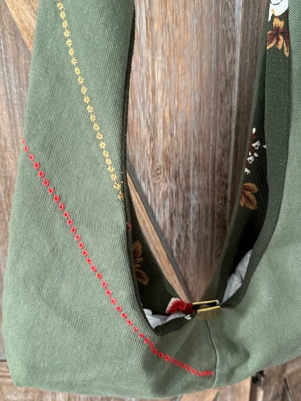 Olive Green Embroidered Shoulder Hobo Bag with Tan Leather Handle